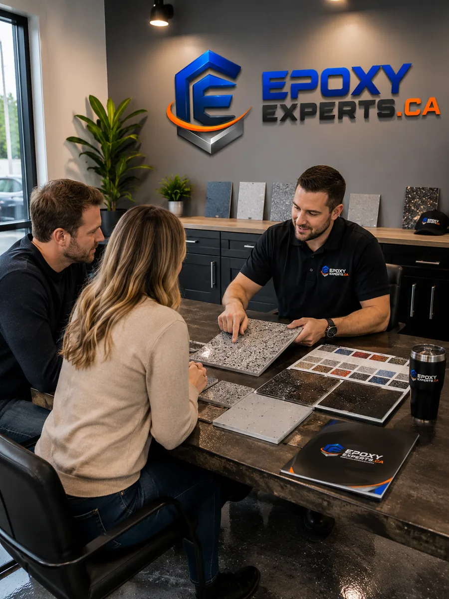 Présentation d'échantillons de flocons et de couleurs à des clients